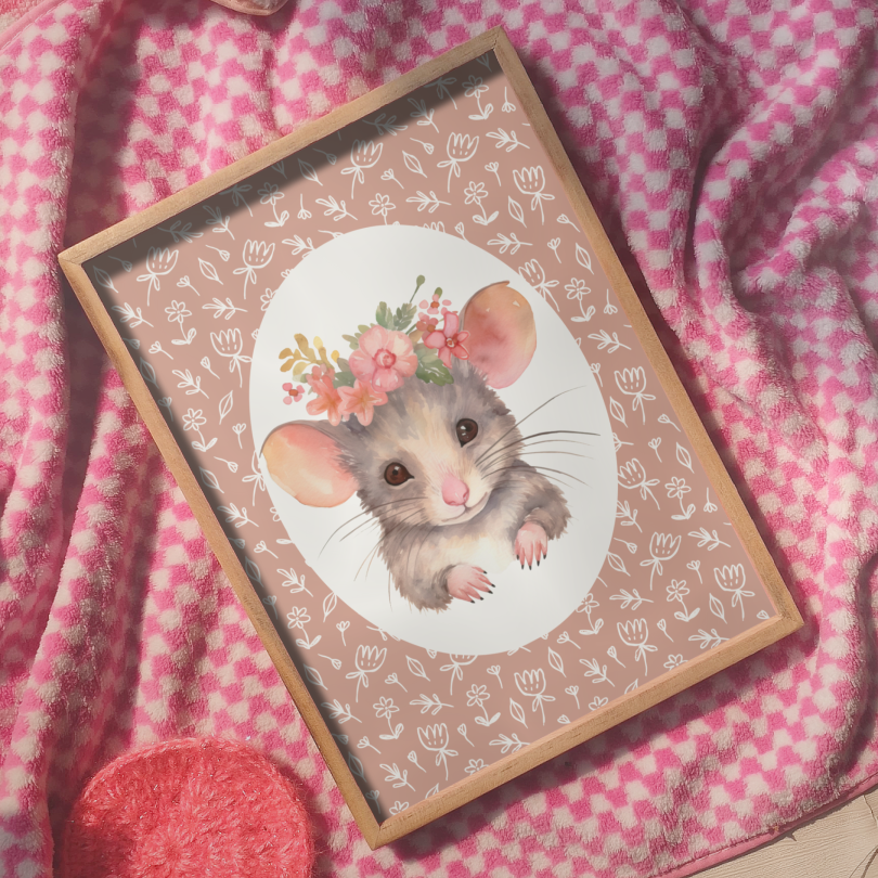 Cute floral mouse wall print