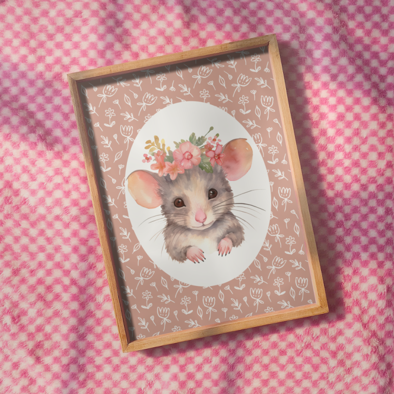 Cute floral mouse wall print