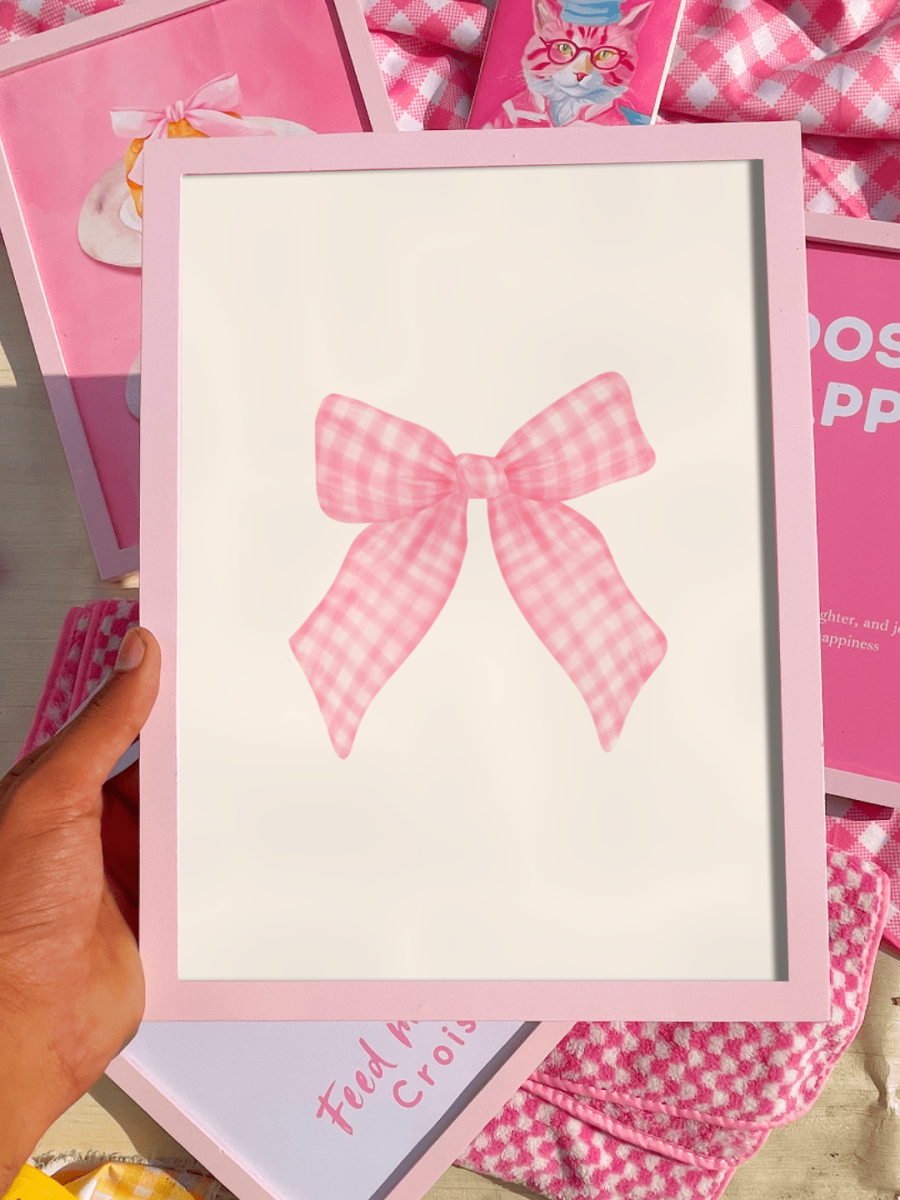Pink Gingham Bow Print