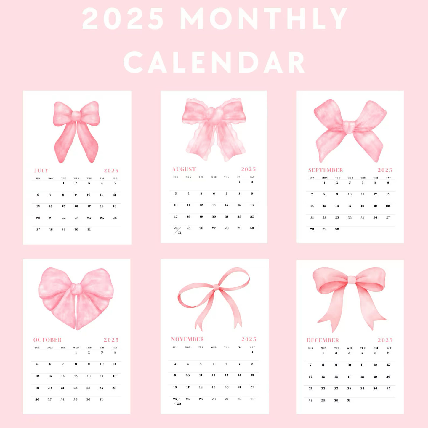 Pink Bow Monthly Calendar - 12 Posters