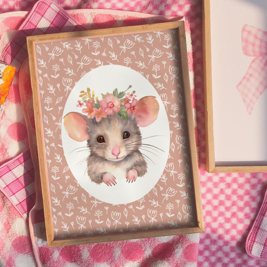 Cute floral mouse wall print