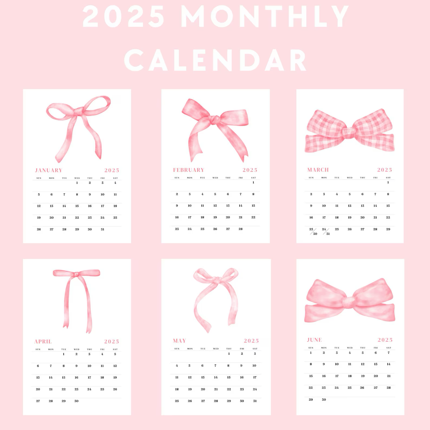 Pink Bow Monthly Calendar - 12 Posters